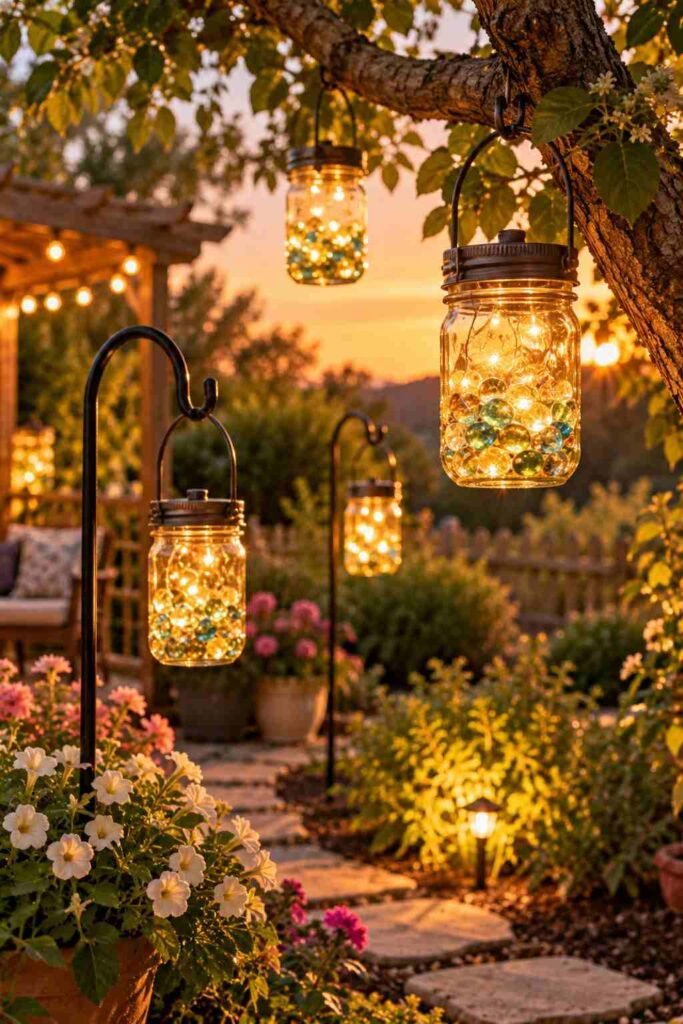 28 Budget-Friendly Outdoor Decorations DIY Garden Projects for Every Season 9 Mason jar solar lanterns glowing softly while hanging from shepherd hooks and a tree branch