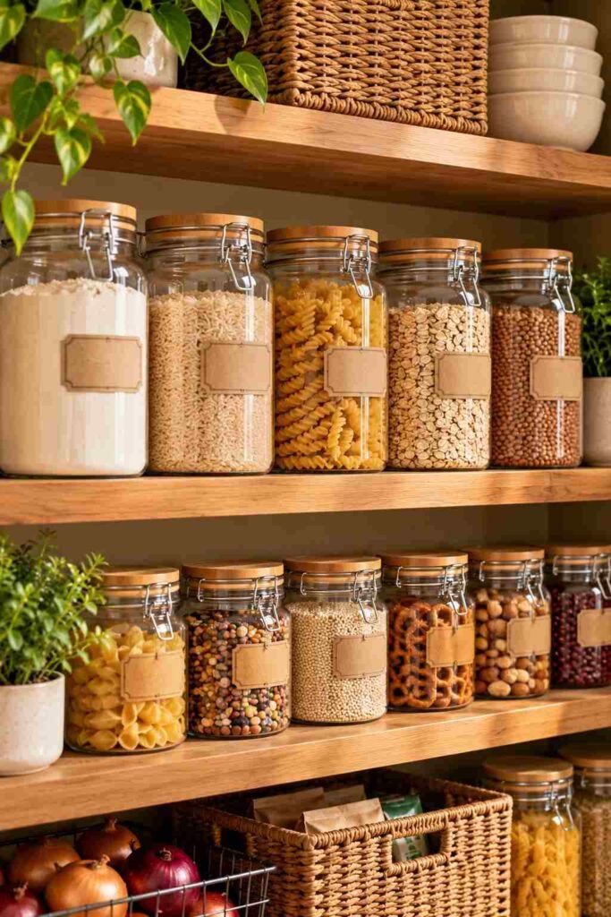 Open Shelving Pantry Kitchen Ideas: 30 Layouts, Storage Tricks and Styling Tips 12 Matching glass jars of flour, rice and pasta on a wood pantry shelf.
