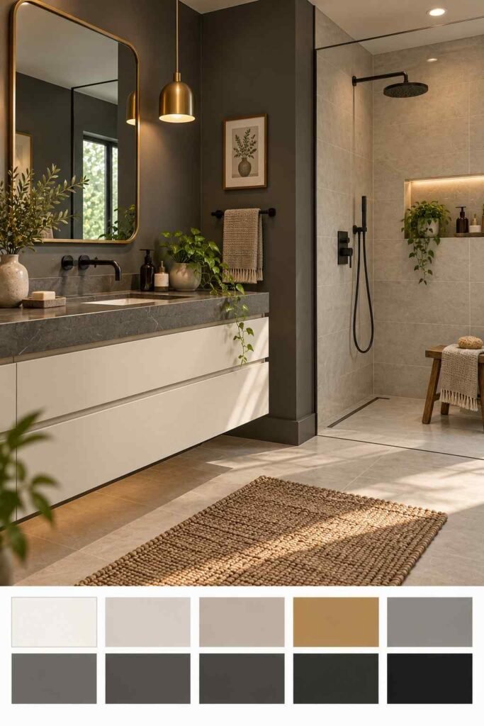 Moody bathroom with deep grey walls, matte black fixtures, and brass accents, with a color swatch strip.