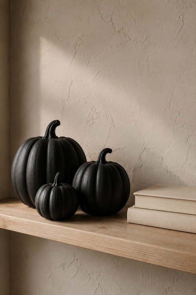 28 Modern Halloween Shelf Styling Ideas That Look Stylish, Not Scary: A Chic, Spooky Home 4 Three matte black ceramic pumpkins in mixed sizes on a wooden shelf beside stacked books.