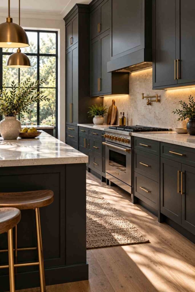 Matte charcoal kitchen cabinets with warm under-cabinet lighting.