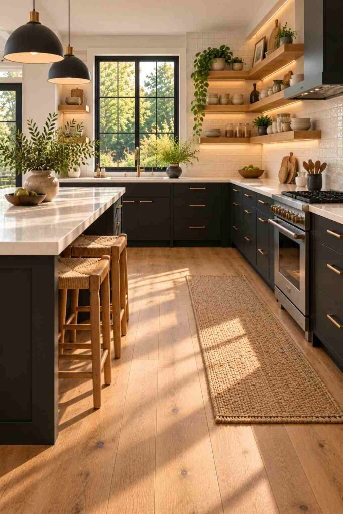 Matte black kitchen cabinets with natural oak floors and open shelving