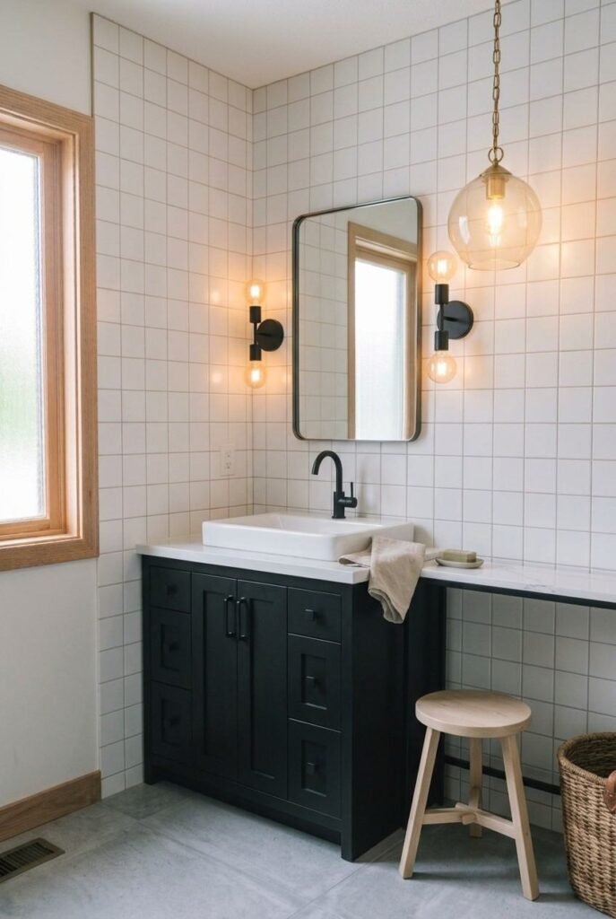 30 Bathroom Vanity Ideas: Single Sink for Small, Medium, and Large Spaces 12 Matte black single sink vanity balanced by light walls and wall sconces