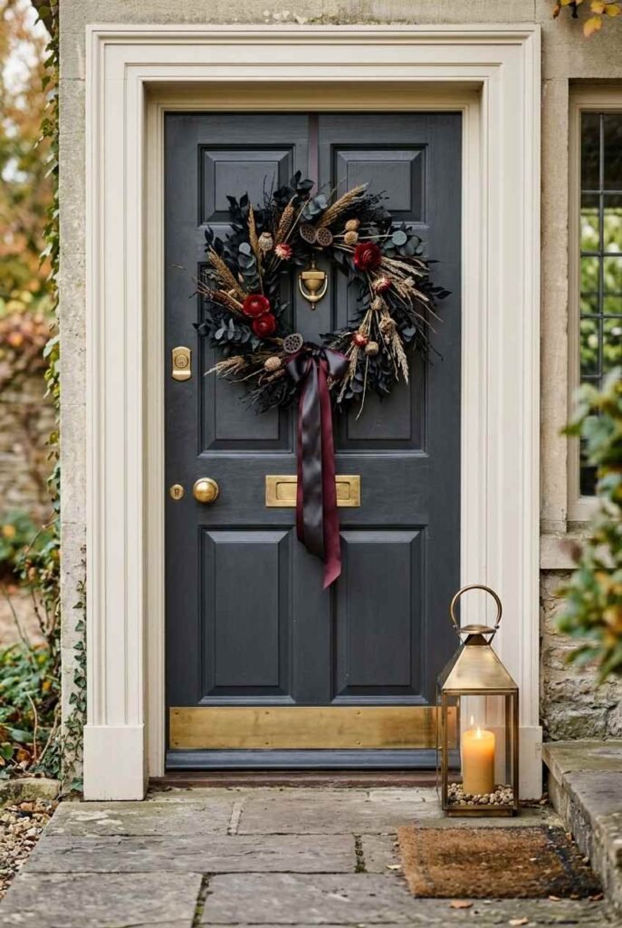 28 Classy Halloween Decor Ideas: Moody, Grown-Up for an Elegant, Stylish Home 7 Matte black wreath with red blooms on a charcoal door with brass hardware