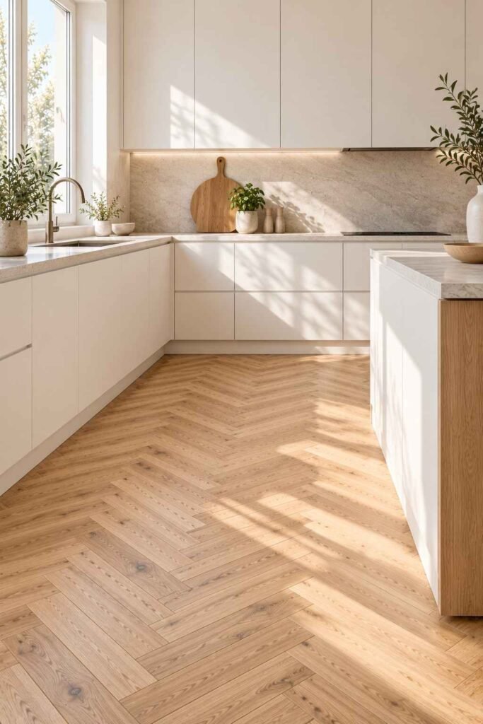 30 Scandinavian Interior Design Ideas with Wood Block Flooring for a Warm, Light-Filled Home 8 Matte white Scandinavian kitchen with natural oak wood block flooring