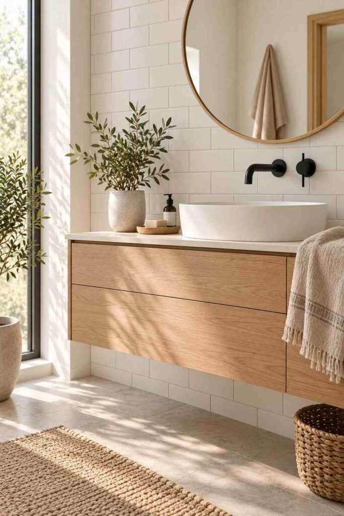 Matte white subway tile with light grey grout above an oak floating vanity