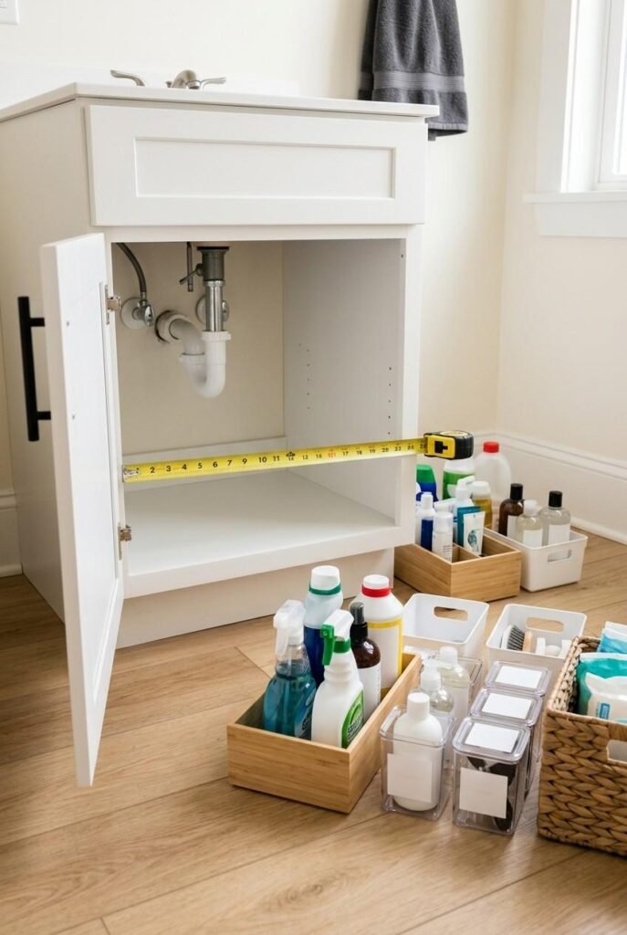26 Bathroom Storage Ideas Under Sink for a Tidier, Roomier Vanity 3 Empty sink cabinet with a tape measure and sorted products on the floor
