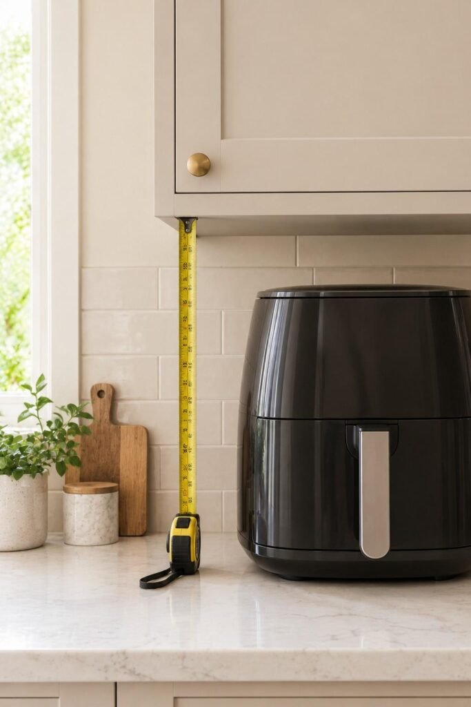 Tape measure checking clearance above an air fryer under an upper cabinet