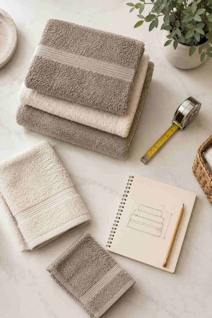 27 Bathroom Storage Ideas For Towels That Fit Into Tiny Powder Rooms to Primary Baths 2 Folded bath towels beside a tape measure and notepad on a bathroom counter, planning towel storage.