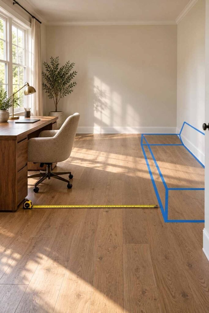 Painter’s tape outlining a couch size on a home office floor to plan walking space