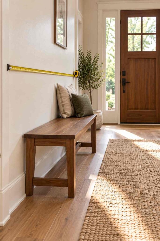 Tape measure checking hallway wall width and clear walkway before choosing entryway storage