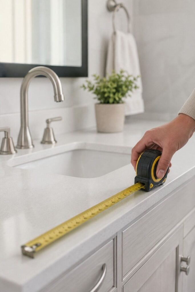 Measuring bathroom vanity counter depth with a tape measure