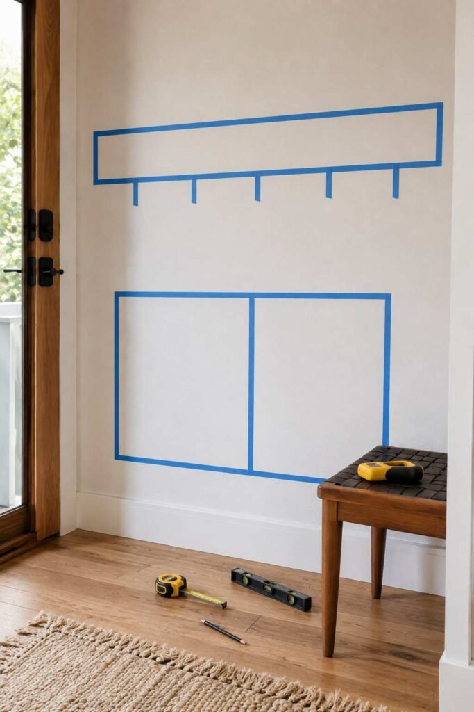 30 Smart Entryway Organization Wall Ideas: for Hooks, Shelves & Storage 3 Entry wall marked with painter's tape to plan hook, shelf, and cabinet zones before drilling