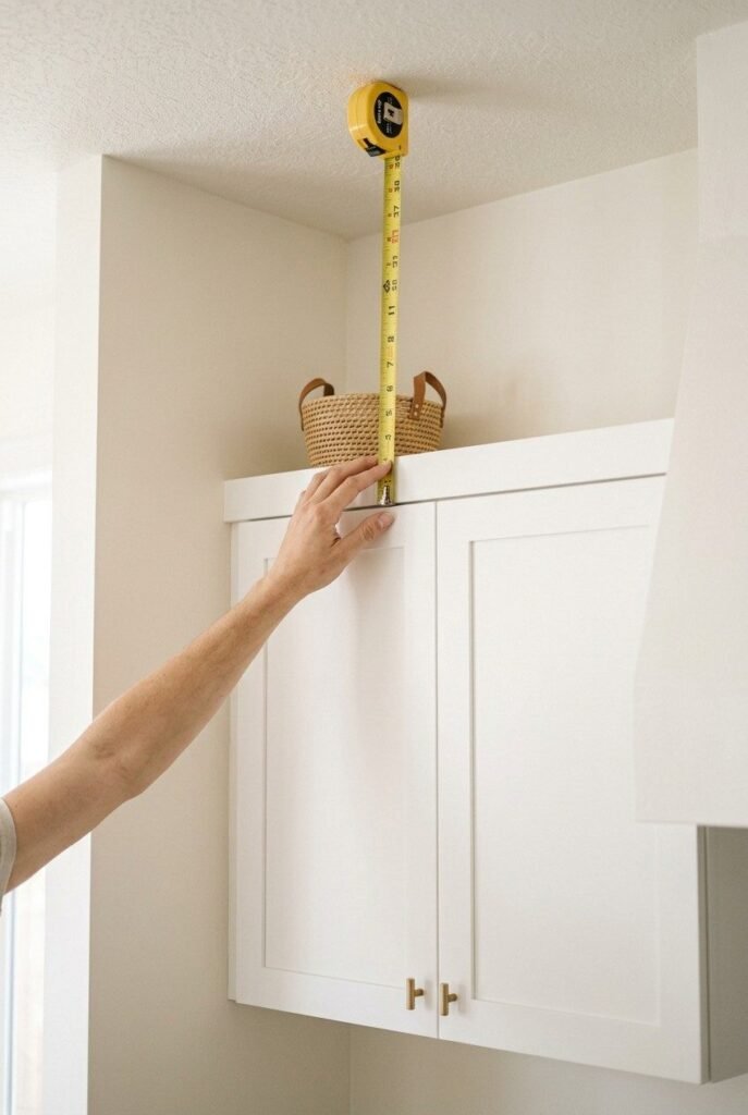 Tape measure checking the height of the space above kitchen cabinets before choosing decor.