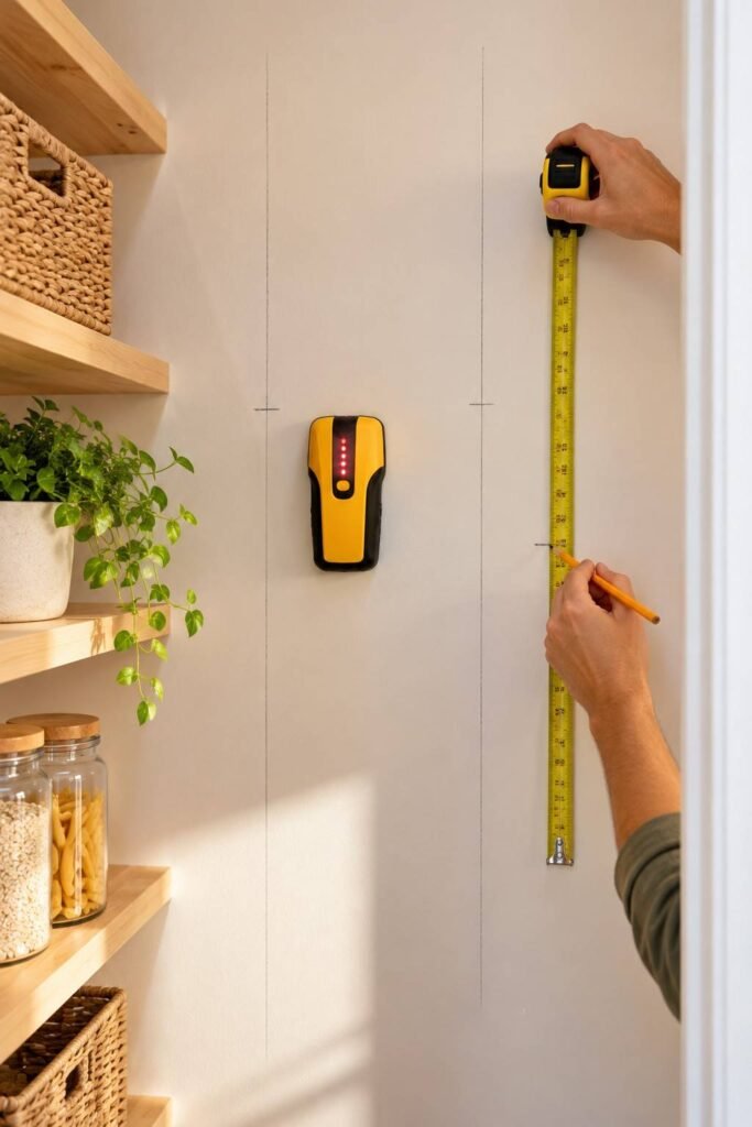 Open Shelving Pantry Kitchen Ideas: 30 Layouts, Storage Tricks and Styling Tips 3 Tape measure and stud finder marking an empty pantry wall before installing shelves.