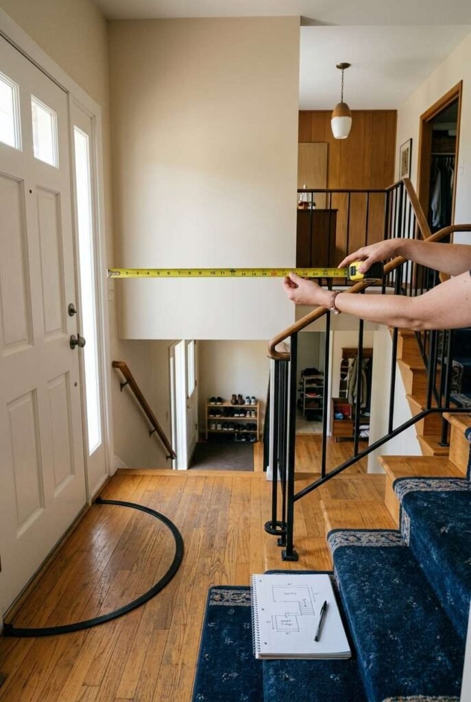 Homeowner measuring a split foyer landing wall with a tape measure before buying storage.