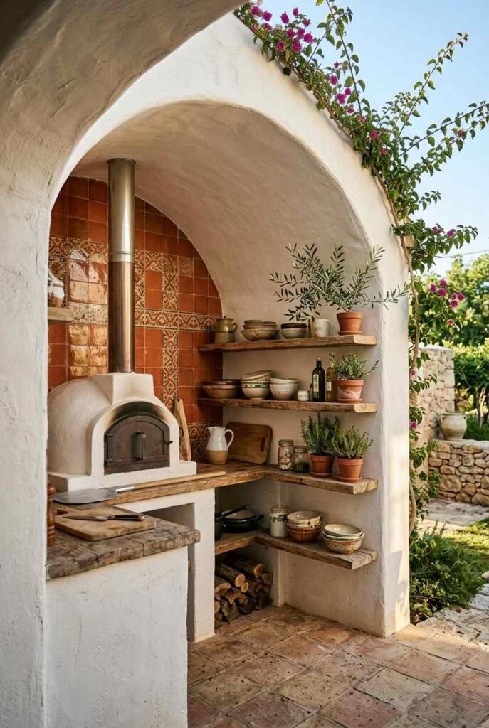 Semi-Outdoor Kitchen Ideas: 30 Covered Designs for Patios, Porches, and Balconies 7 Arched Mediterranean outdoor kitchen nook with terracotta tile and a small pizza oven