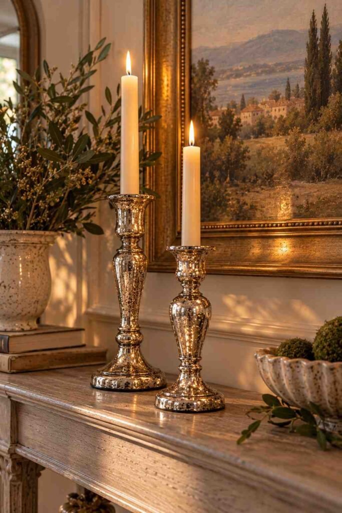Pair of mercury glass candlesticks with lit tapers on a narrow mantel table.