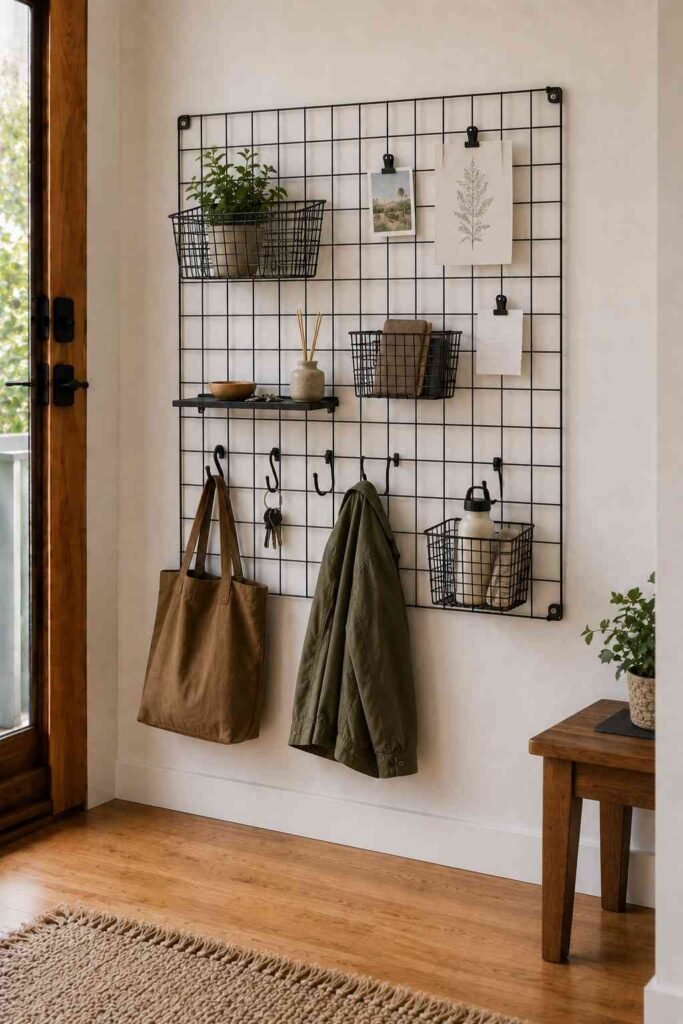 30 Smart Entryway Organization Wall Ideas: for Hooks, Shelves & Storage 11 Black metal grid wall panel with clip-on baskets, hooks, and notes in an entryway