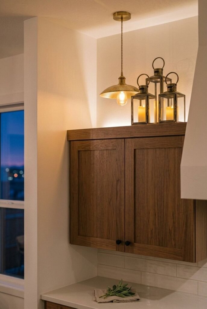 Metal and glass lanterns with flameless candles on top of cream kitchen cabinets.