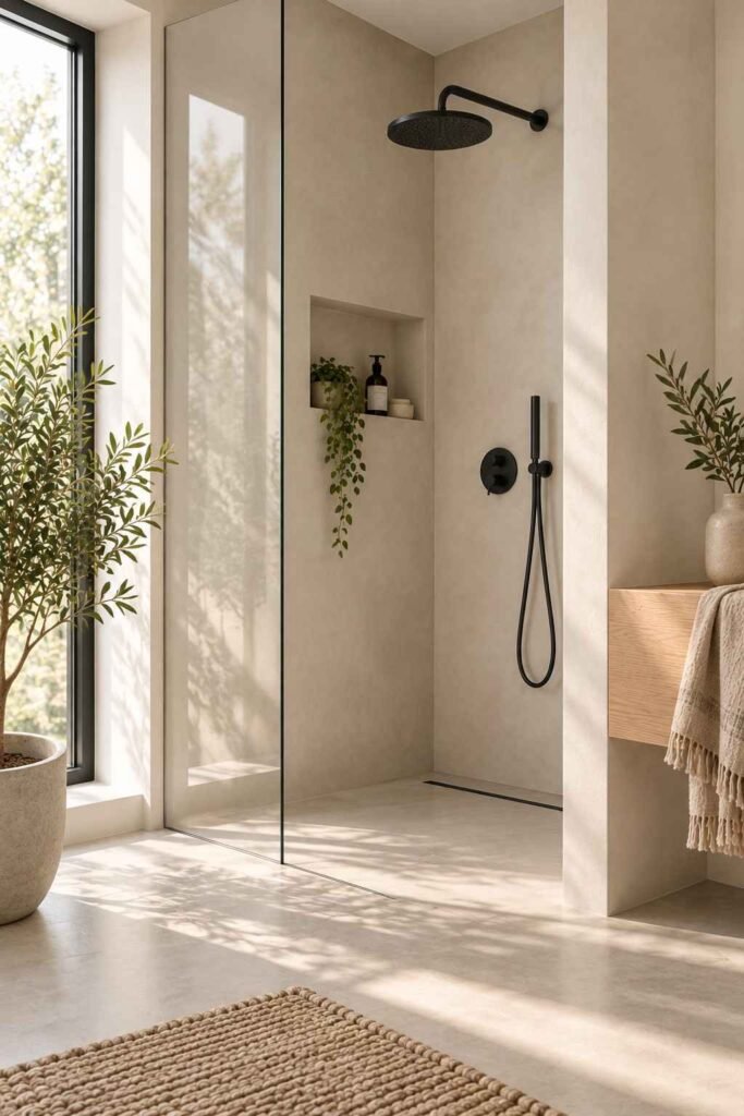Seamless microcement walls and floor in a minimalist Nordic walk-in shower
