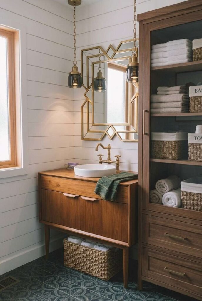 30 Bathroom Vanity Ideas: Single Sink for Small, Medium, and Large Spaces 18 Mid-century single sink vanity on tapered legs with round mirror
