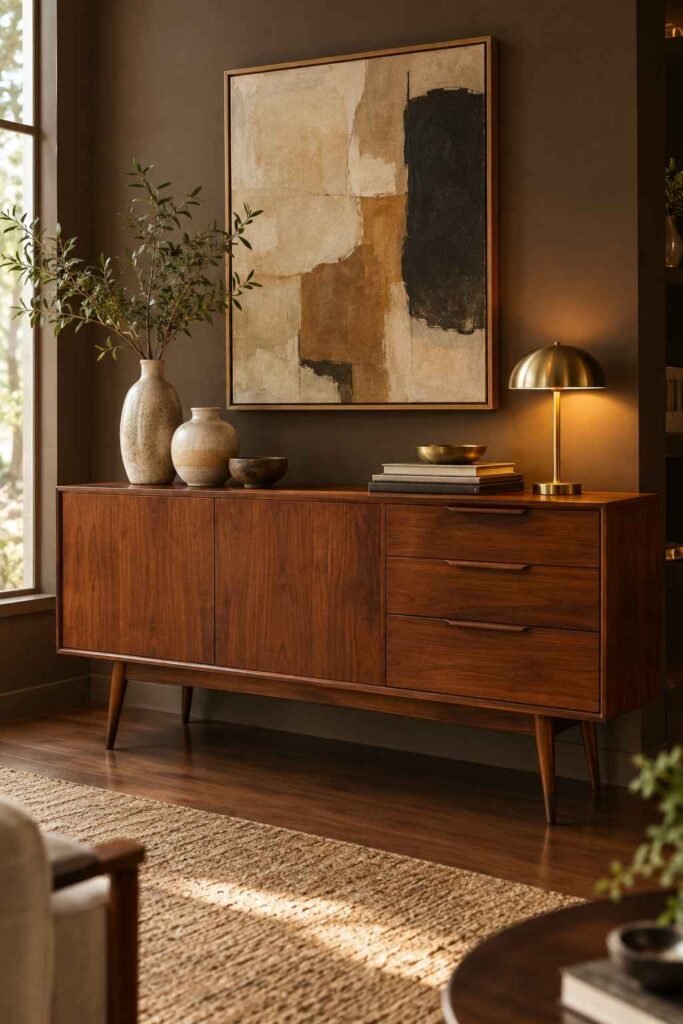 Mid-century walnut credenza with ceramics in a dark brown living room.