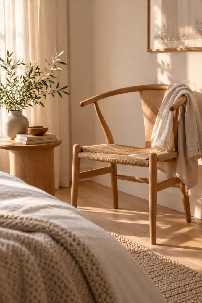 Mid-century wooden chair in the corner of a Scandinavian bedroom