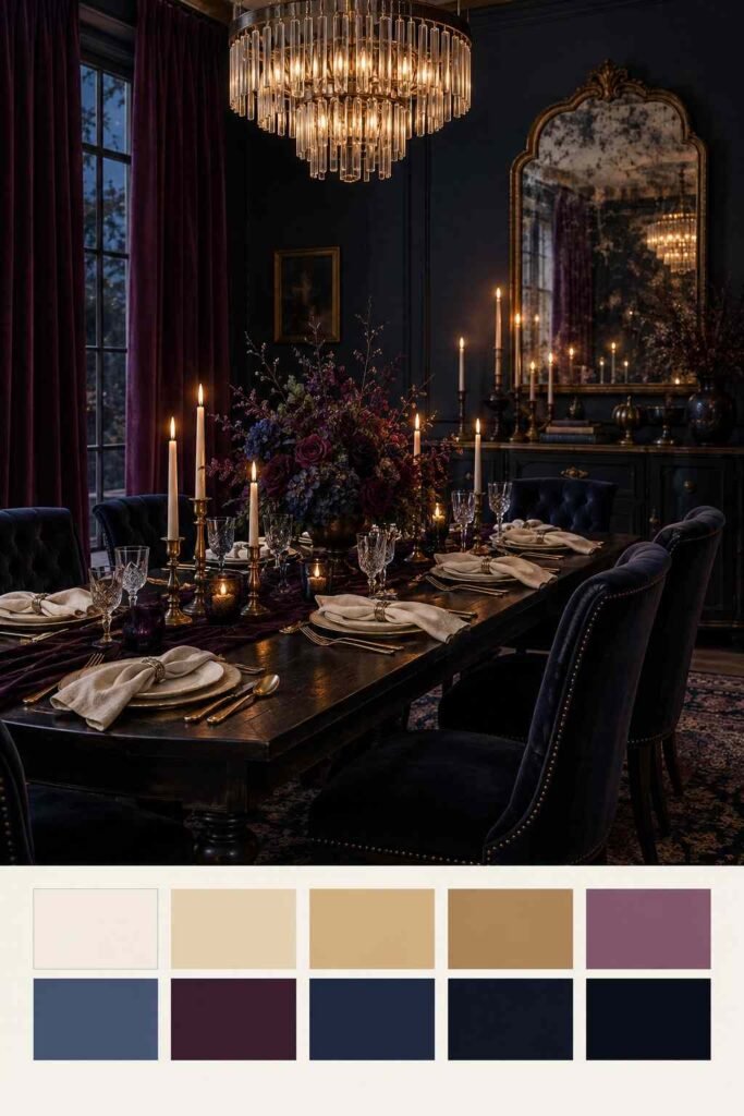 Luxury Halloween Dining Room Decor Ideas: 30 Ways to Style a Dark, Elegant Table 2 Midnight navy and plum Halloween dining room with champagne gold place settings and a ten-swatch color palette strip