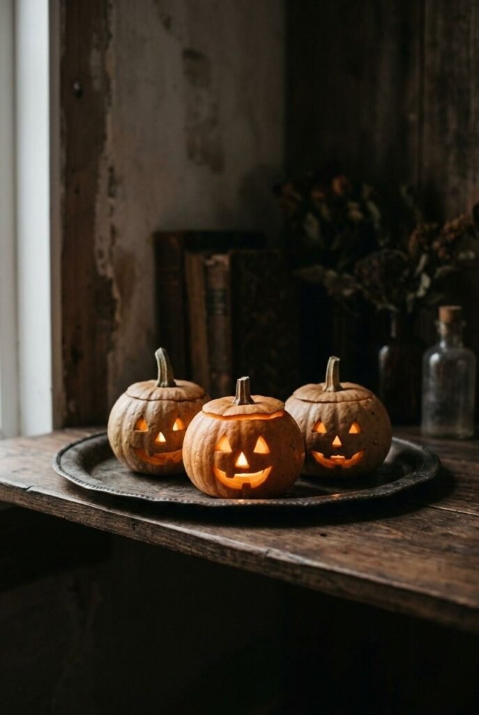 28 Modern Halloween Shelf Styling Ideas That Look Stylish, Not Scary: A Chic, Spooky Home 17 Three mini pumpkin votives with LED tea lights arranged on a small metal tray.