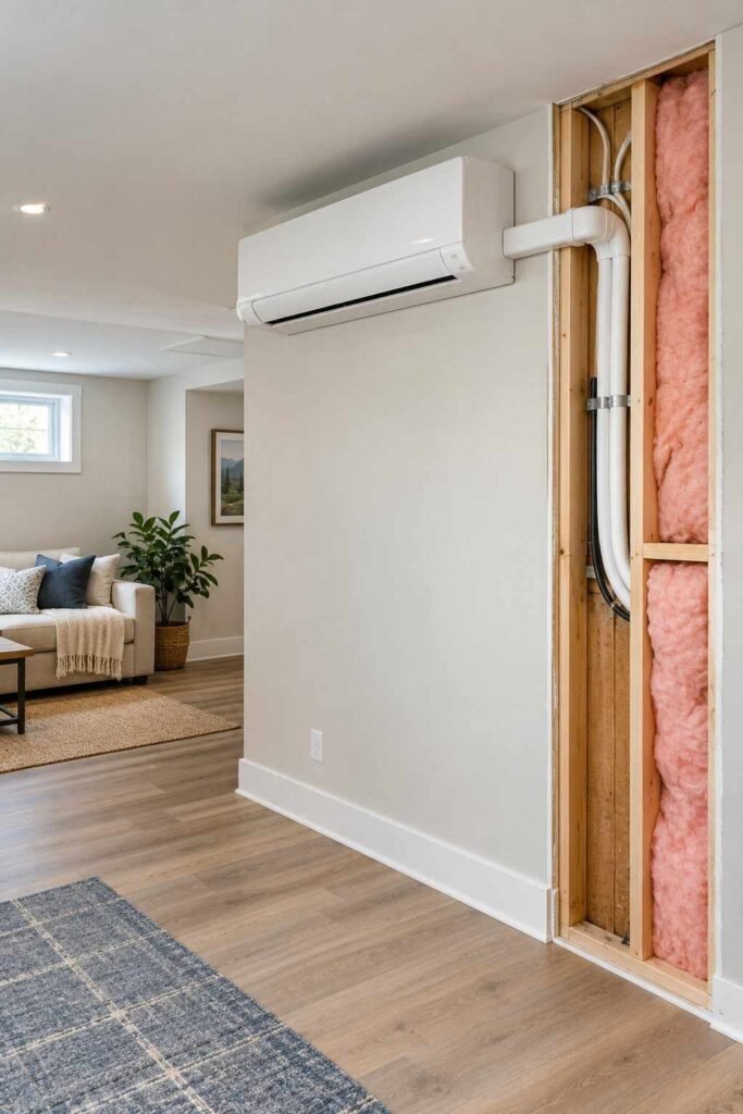 Wall-mounted mini-split unit in a lower-level room with new wall insulation