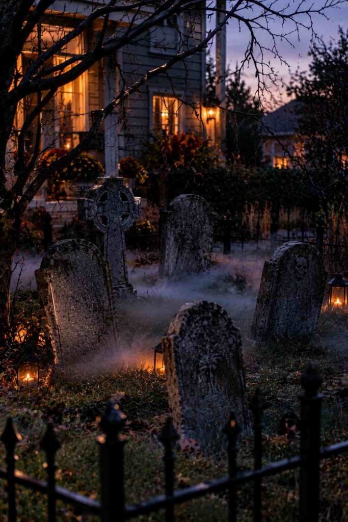 Miniature Halloween graveyard on a lawn with foam tombstones and low fog