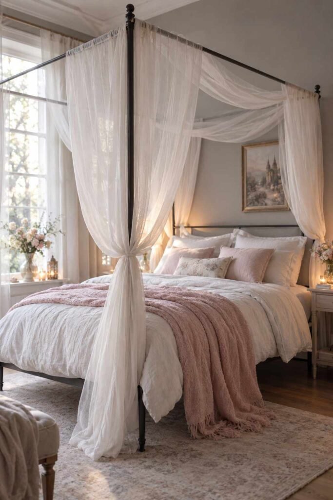 30 Canopy Bed Ideas for Princess Bedroom: Dreamy, Safe & Budget-Friendly 12 Slim black metal canopy bed with white linen drapes in a modern bedroom