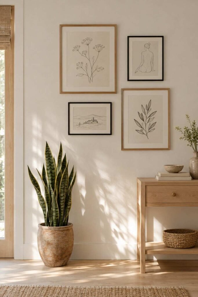 Minimal gallery wall with line drawings and a snake plant in a shed interior.