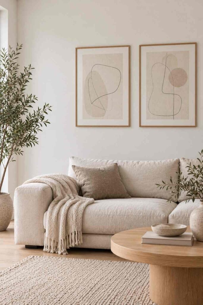 Minimal line-art prints in oak frames on a white wall in a Nordic living room