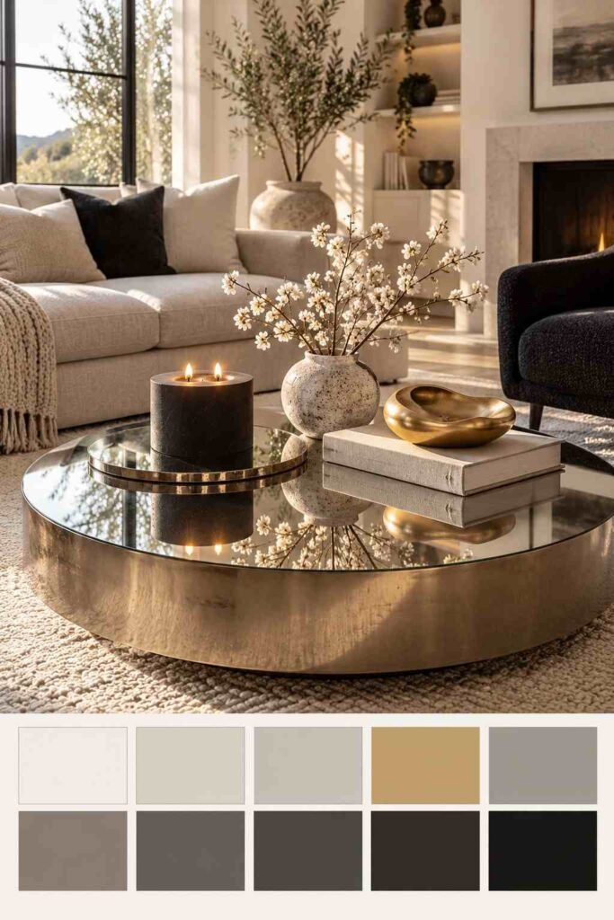 Minimalist mirrored coffee table with black candle and books in a warm white room, with a warm white, soft grey, black, and brushed gold color palette strip below.