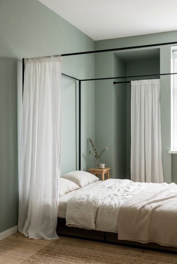 Minimalist sage canopy bedroom with a freestanding frame and one sheer panel.