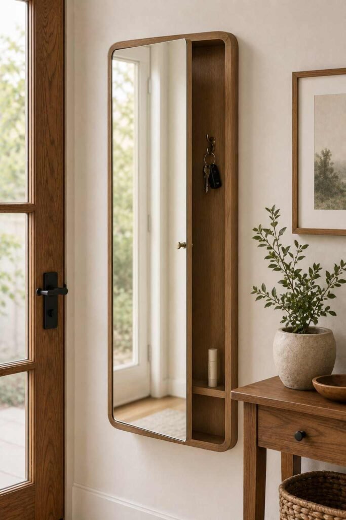 30 Smart Entryway Organization Wall Ideas: for Hooks, Shelves & Storage 14 Wall-mounted mirror cabinet with door ajar revealing hidden keys and small essentials