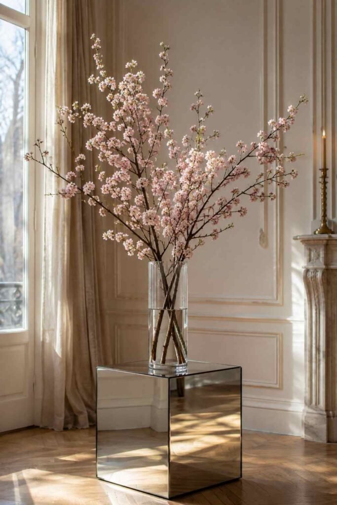 27 Chic Mirror Table Decor with Fresh Flowers Ideas for Home, Weddings, and Parties 17 Tall vase of flowering cherry branches on a mirrored cube plinth in a bright room