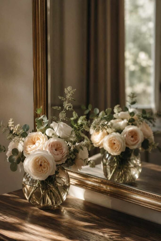 27 Chic Mirror Table Decor with Fresh Flowers Ideas for Home, Weddings, and Parties 3 Wall mirror reflecting a vase of garden roses on a console table to create a fuller floral display