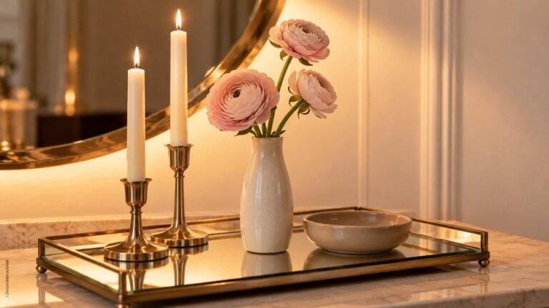 Mirror table decor aesthetic with taper candles and blush flowers in a soft neutral palette