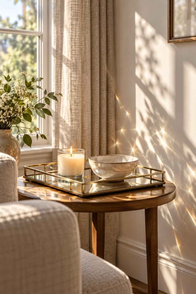 Mirrored tray on a side table reflecting morning window light onto a wall.