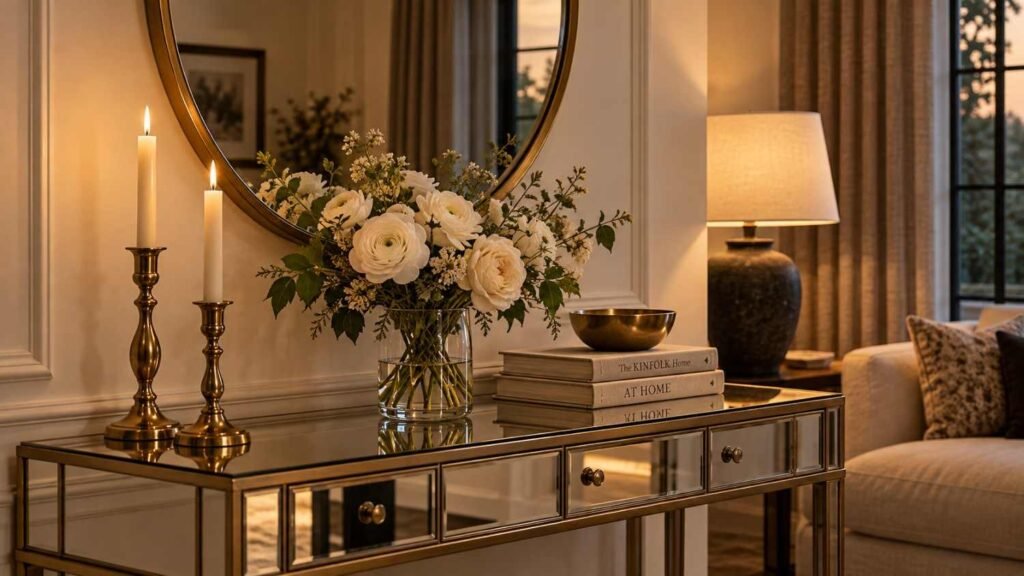 mirror table decorations for home, Elegant mirrored console table with brass candlesticks, white flowers, and books in warm light