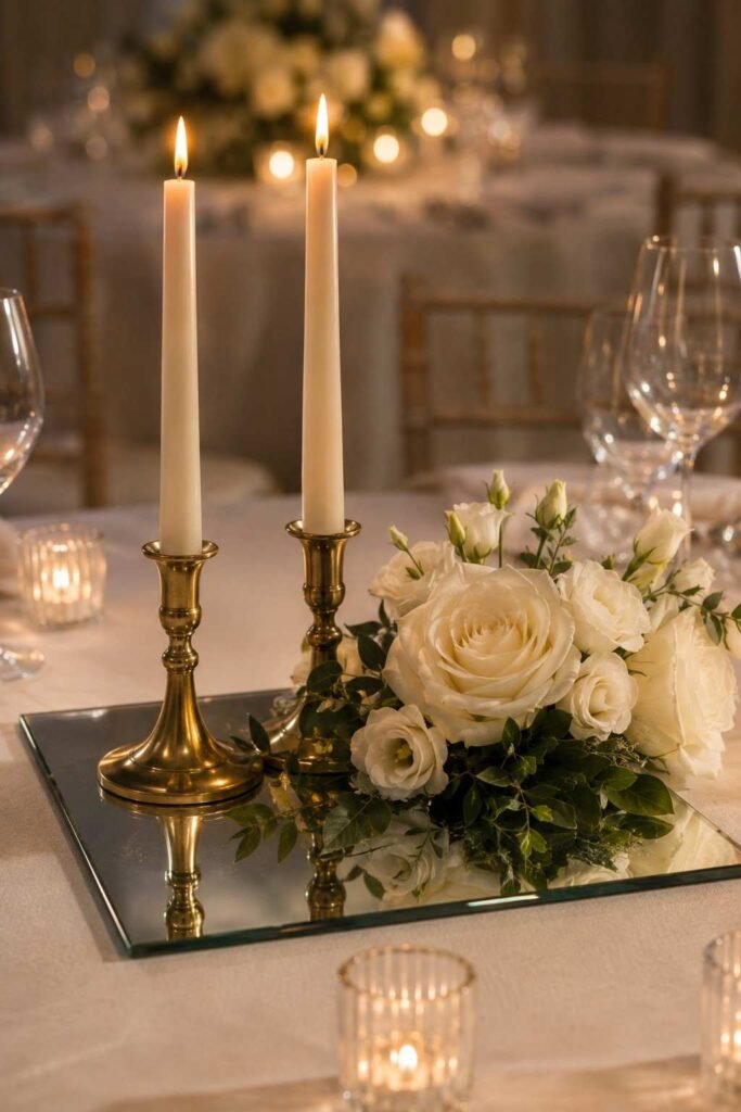 27 Chic Mirror Table Decor with Fresh Flowers Ideas for Home, Weddings, and Parties 9 Square mirror tile centerpiece with taper candles and white flowers glowing on a reception table