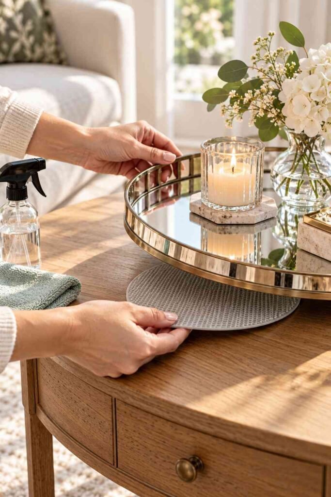 Hands placing a non-slip pad under a mirrored tray with a microfiber cloth nearby.
