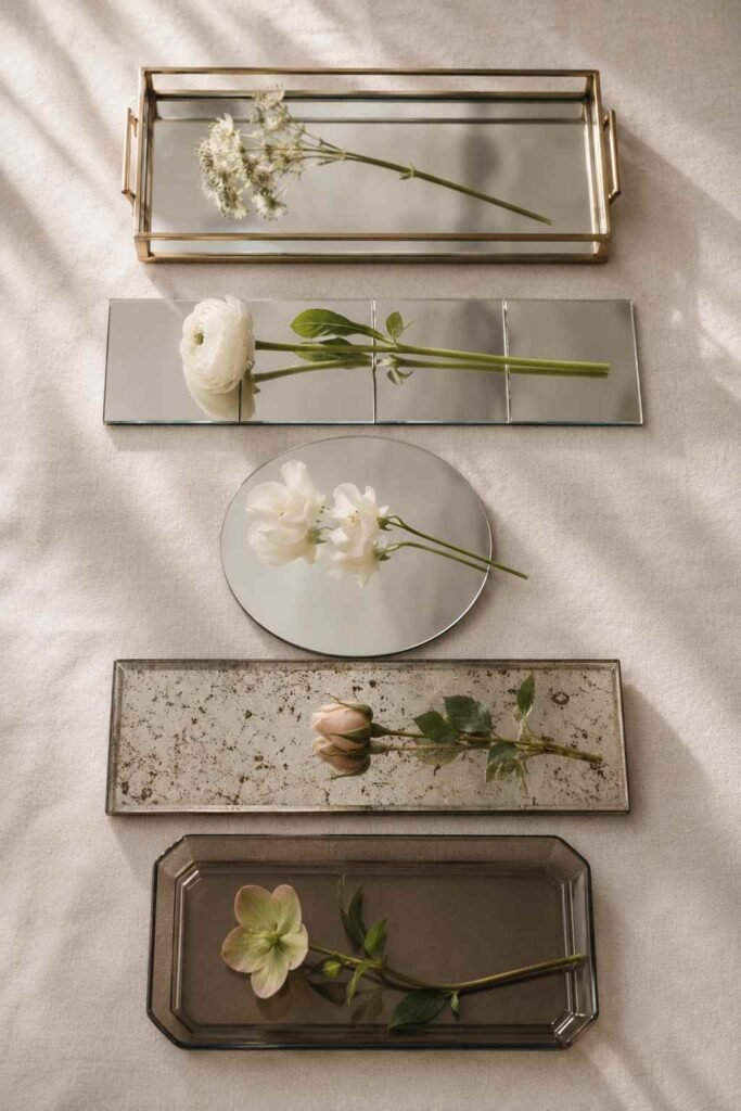 27 Chic Mirror Table Decor with Fresh Flowers Ideas for Home, Weddings, and Parties 4 Flat lay of mirrored trays, tiles, round plates, antique and smoked glass used for floral table decor