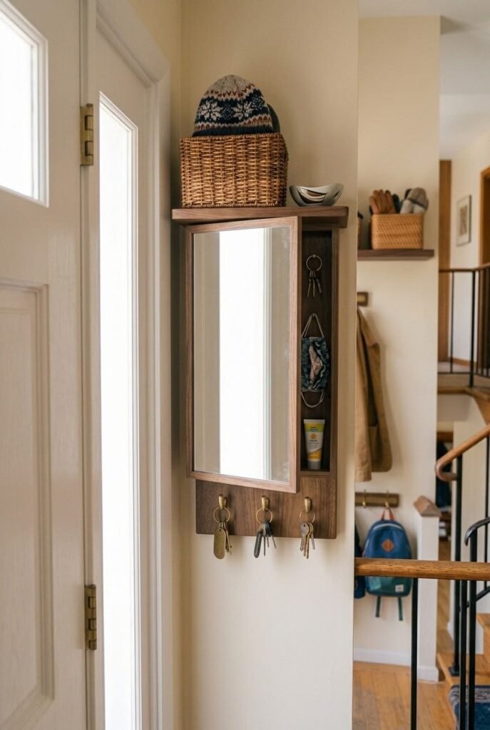 Wall mirror with hidden shallow storage cabinet on a bright split foyer landing.