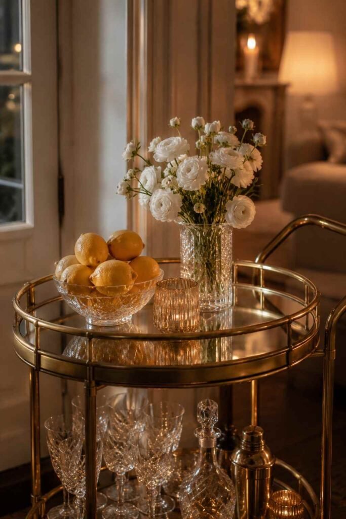 27 Chic Mirror Table Decor with Fresh Flowers Ideas for Home, Weddings, and Parties 18 Mirrored bar cart tray with a bowl of lemons and a vase of white flowers