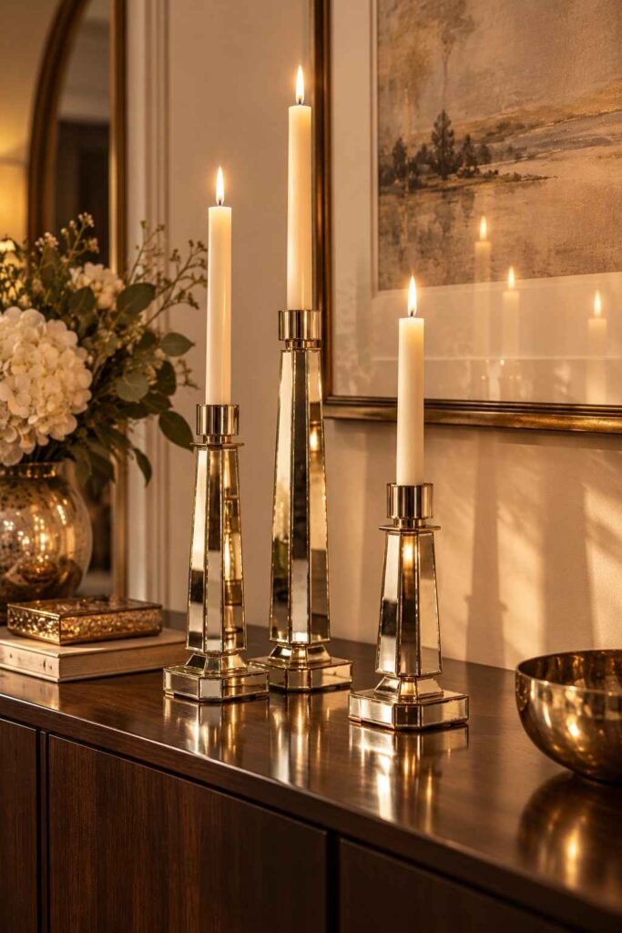 Three mirrored candle holders of graduated heights on a wood console table.