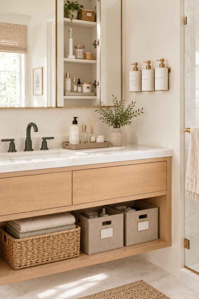 Bathroom Storage Ideas for Toiletries: 30 Smart Ways to Organize Every Space 12 Open mirrored medicine cabinet with a charging toothbrush and wall-mounted dispensers
